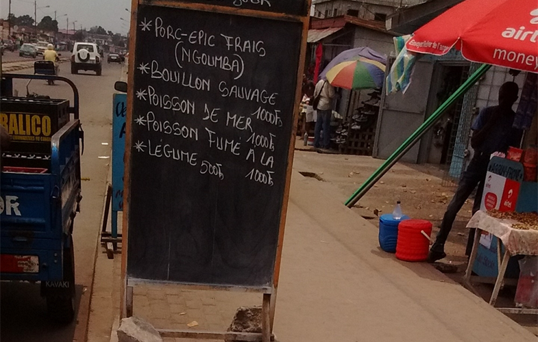 Restaurant menu in Kinshasa showing porcupine followed by a wild meat broth CREDIT WCS